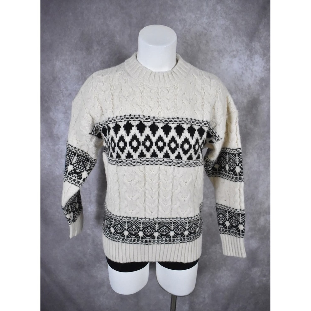Line and Dot Cream Black Cable Knit Fair Isle Crewneck Sweater Womens Small S
